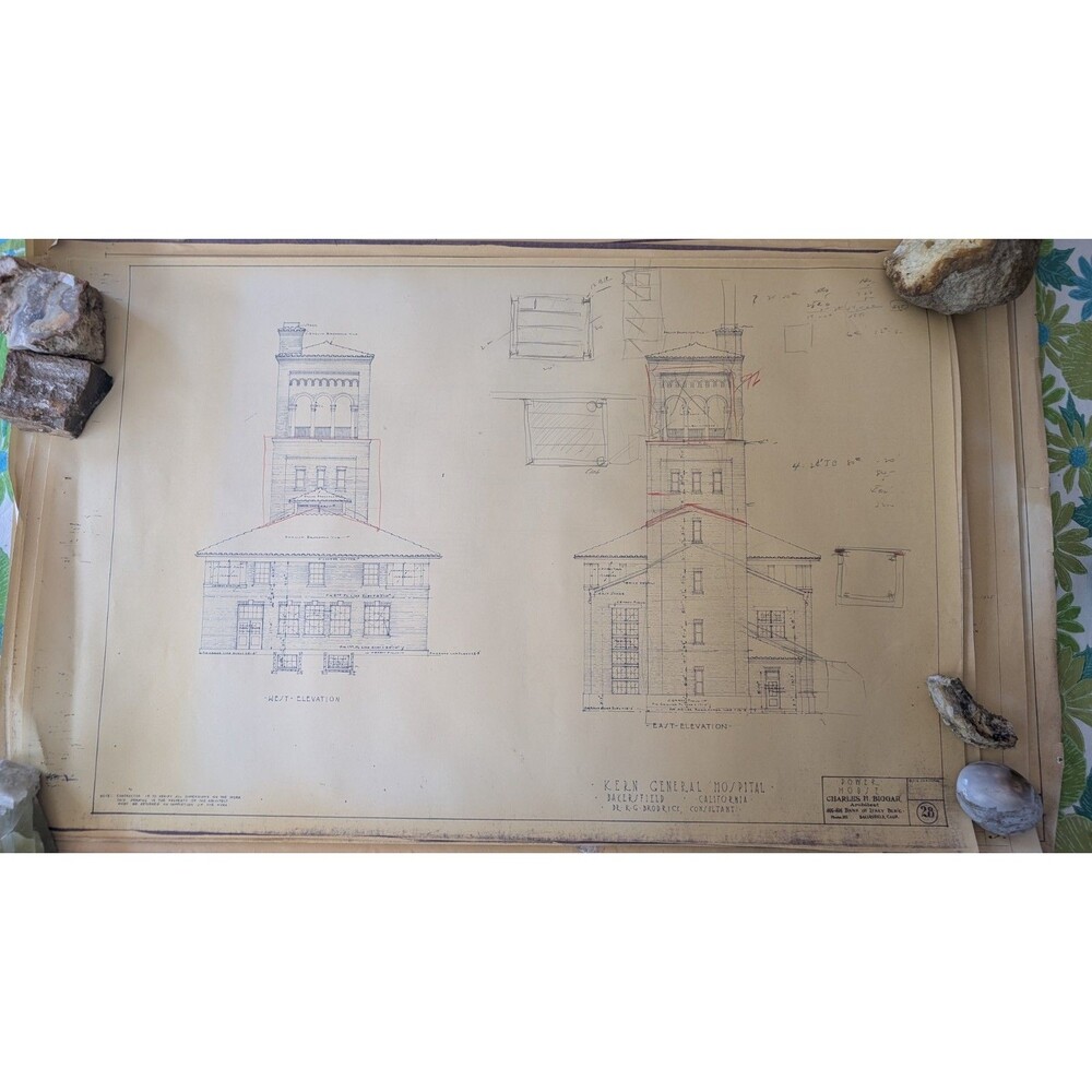 Vintage Architectural Drawings Blueprints Kern Hospital Bakersfield CA 1920s